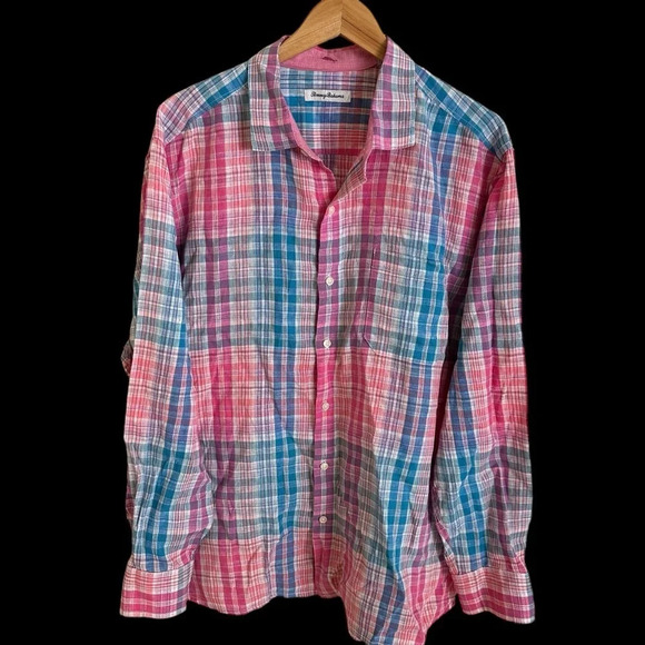 Tommy Bahama Mens XL 100% Linen Summer Plaid Button Up Shirt Blue Pink Preppy - Picture 1 of 6